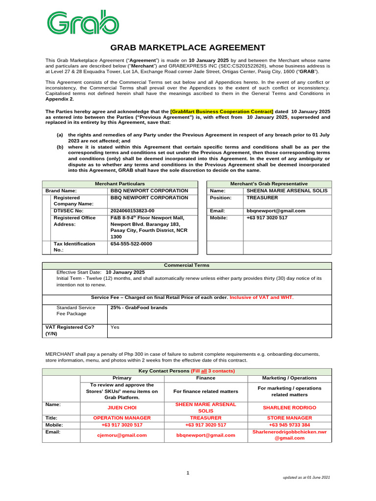Grab Food Seller Registration Agreement | PDF | Food Safety | Trademark