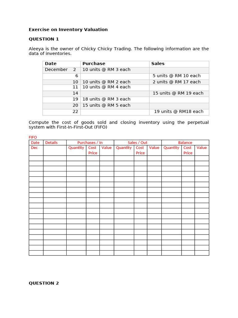 Inventory Valuation Exercises: FIFO & LIFO | PDF | Cost Of Goods Sold ...