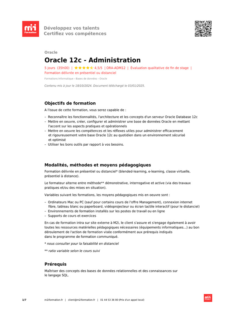 Formation Oracle 12c : Administration | PDF | Base de données Oracle ...