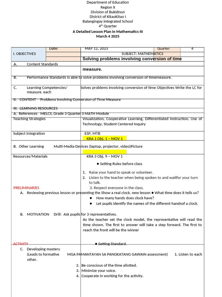Math III Lesson Plan: Time Conversion | PDF | Differentiated ...