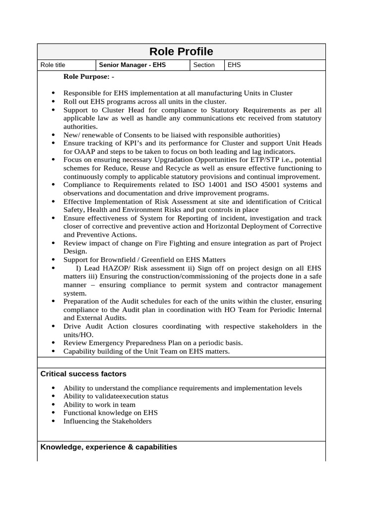 Senior Manager EHS Role Overview | PDF | Regulatory Compliance | Audit