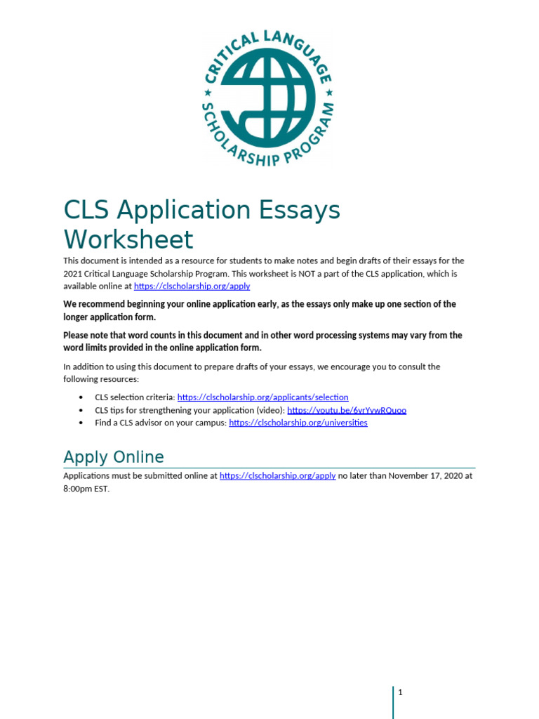 CLS Application Essay Draft Worksheet | PDF | Psychological Resilience ...