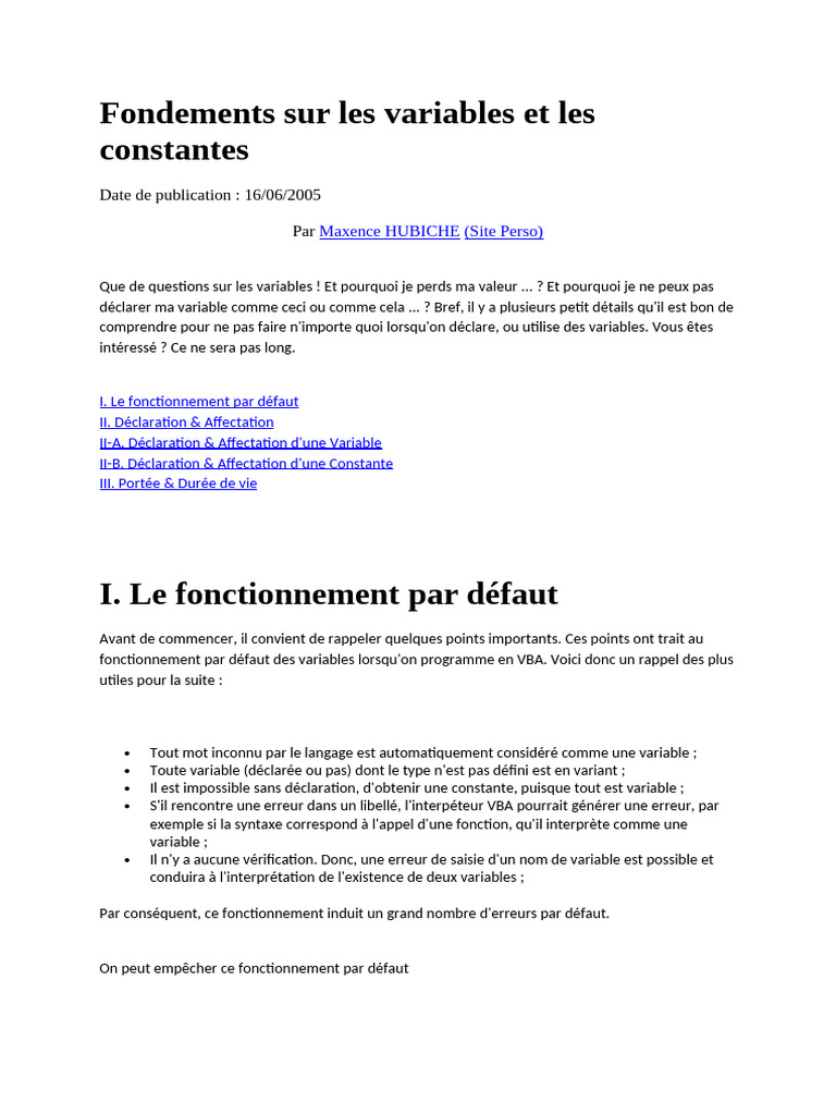 Variables et constantes en VBA : Guide complet | PDF | Variable ...