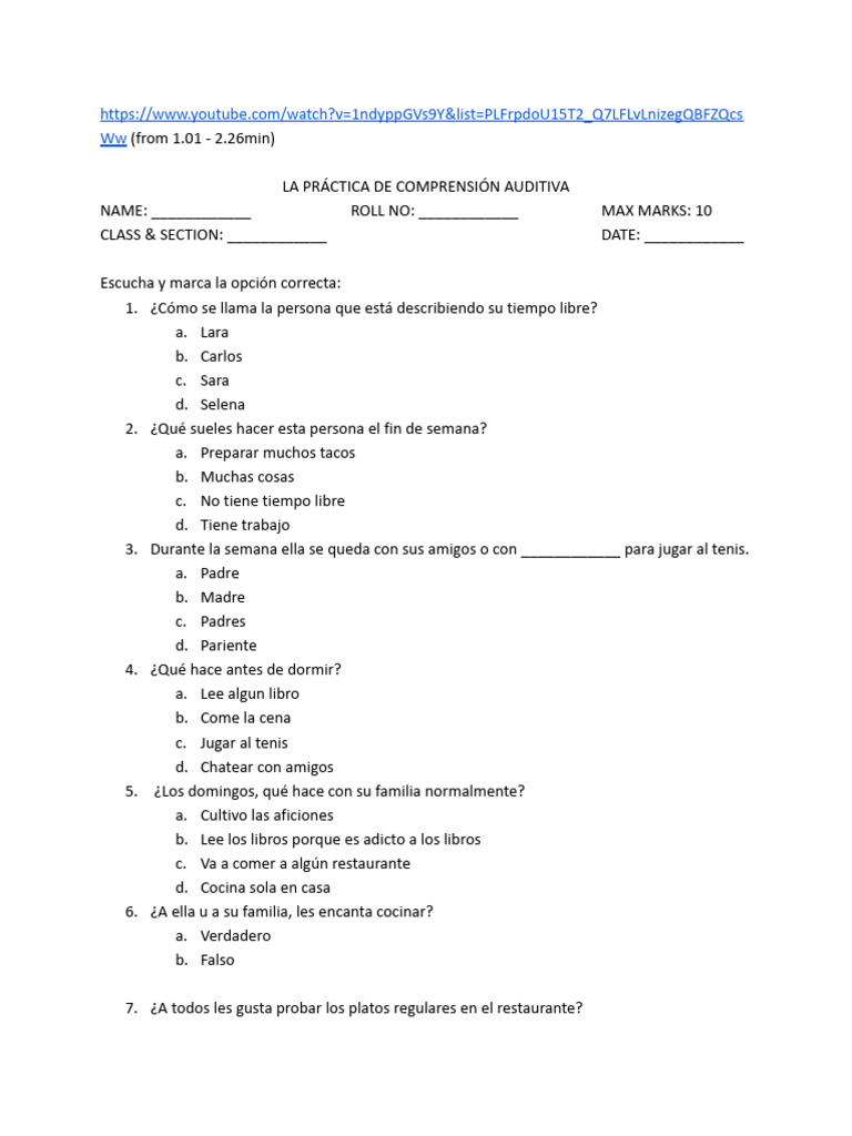 Comprensión Auditiva Practica - Grado 7º | PDF