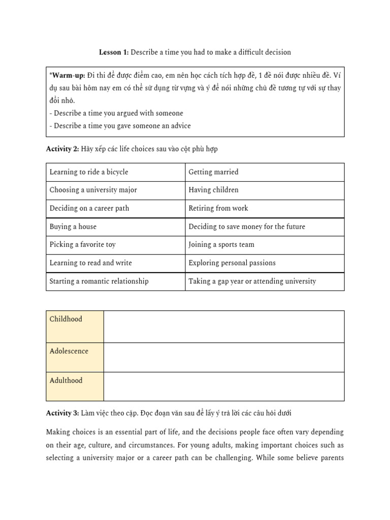 Lesson 1 - Describe A Time You Had To Make A Difficult Decision | PDF ...