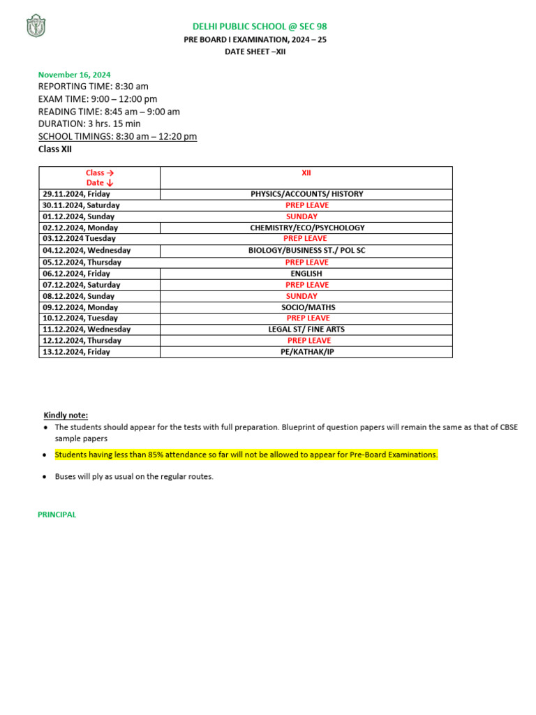 DATESHEET Pre Board I Examination Class XII - DATESHEET | PDF