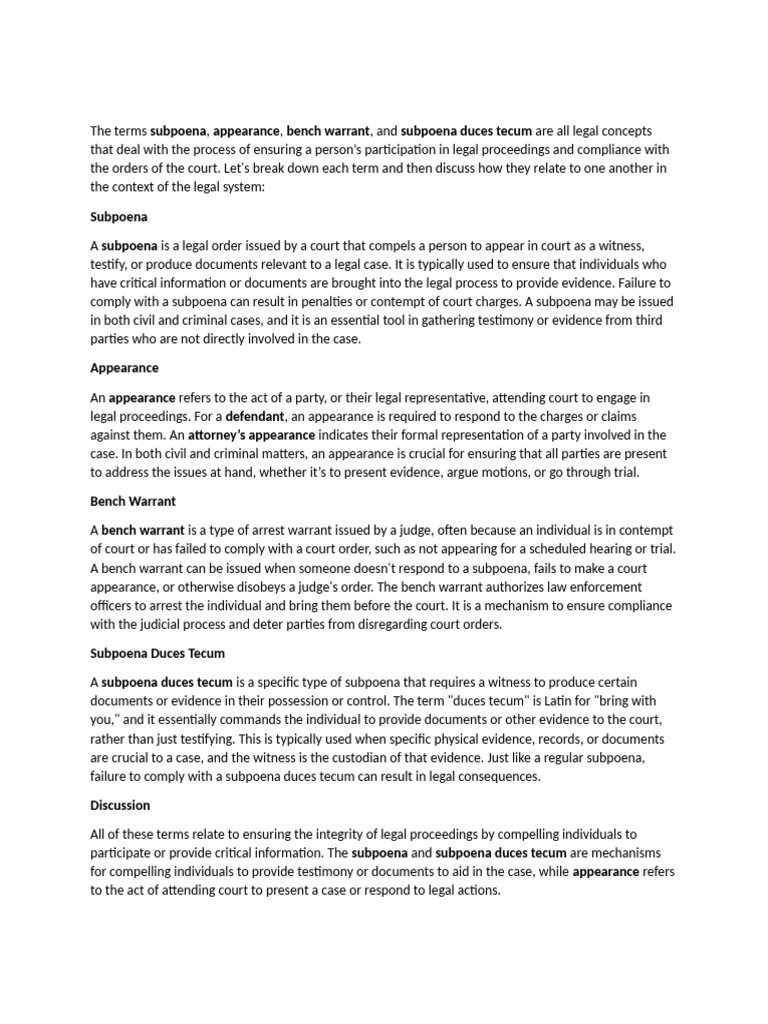 The terms subpoena | PDF | Subpoena | Subpoena Duces Tecum