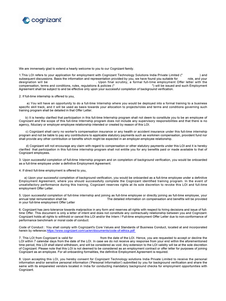 Cognizant LOI for Programmer Analyst Trainee | PDF | Employment ...