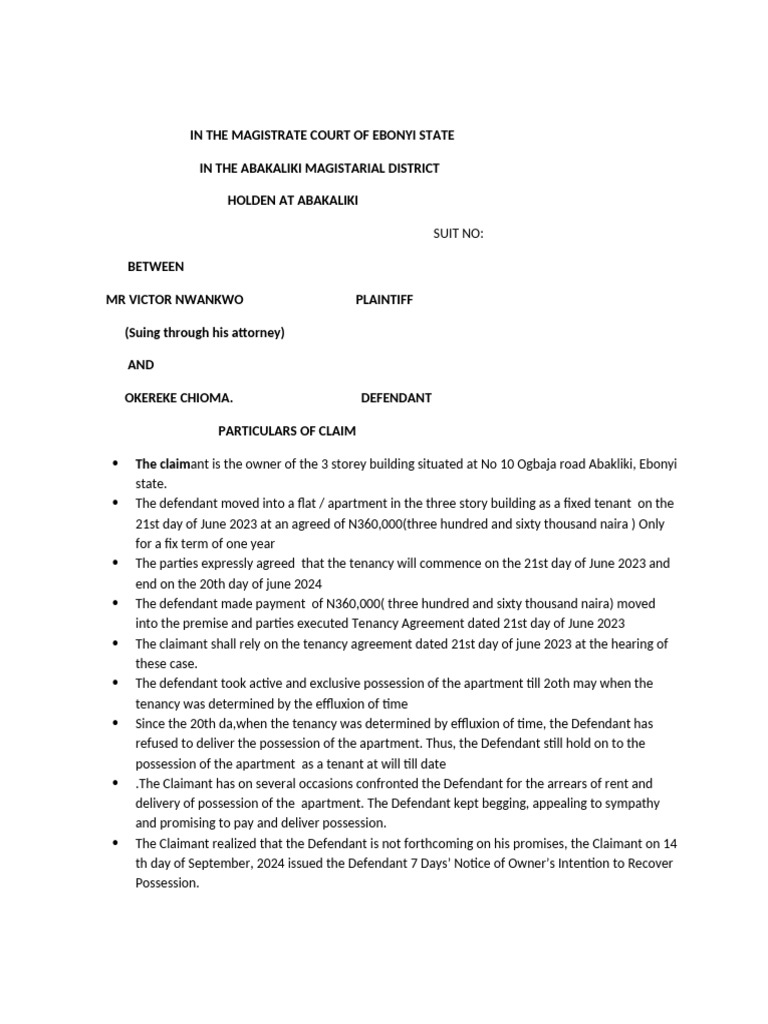 Tenant Eviction Case in Ebonyi State | PDF | Lease | Lawsuit