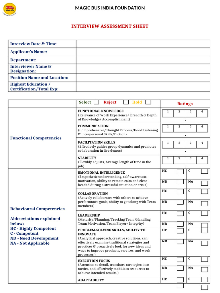 INTERVIEW ASSESSMENT SHEET - | PDF | Leadership | Behavioural Sciences