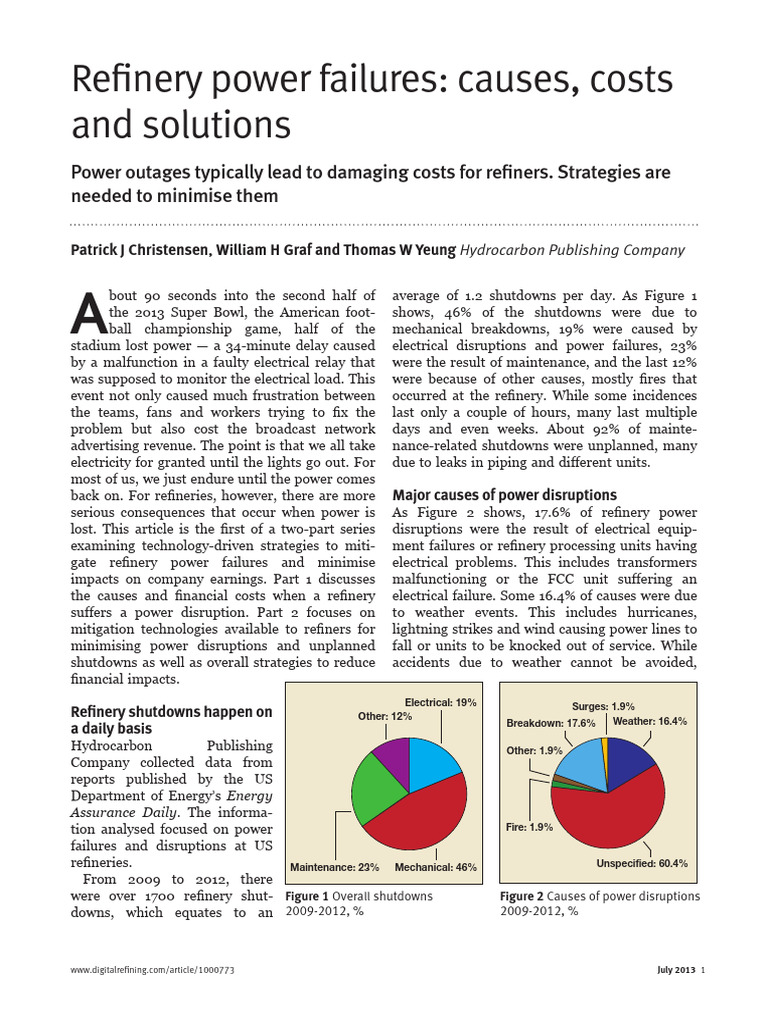 Causes and Costs of Refinery Power Failures | PDF