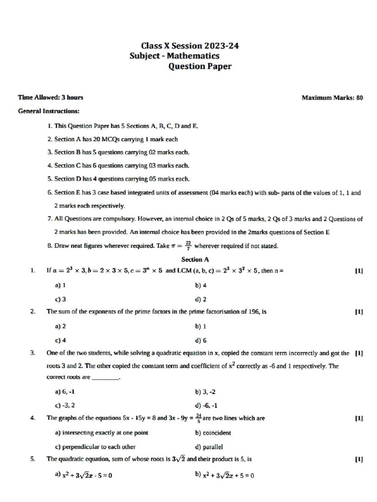 Class X Mathematics Question Paper 2023 | PDF | Circle | Quadratic Equation