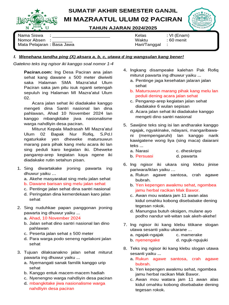 Nglatih Wawasan Basa Jawa Kelas 1: Bedhah Latih Wulangan 3 lan 4