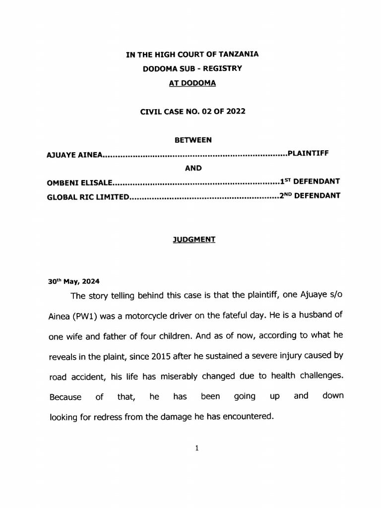 Ajuaye ainea v ombeni elisale another civil case 2 of 2022 2024 tzhc