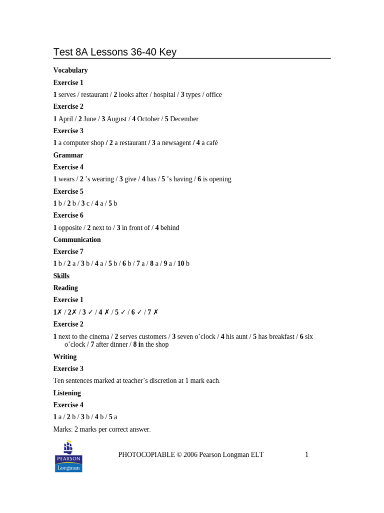 Test 8A & 8B Lessons 36-40 Key | PDF