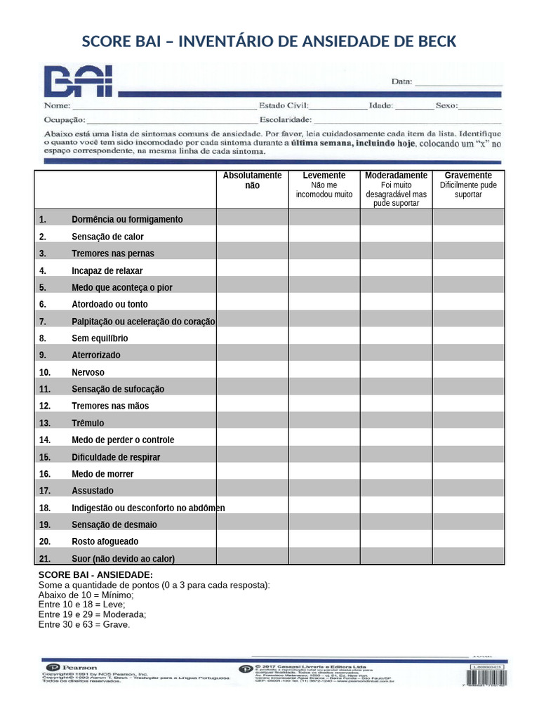 Pontuação do Inventário de Ansiedade BAI | PDF