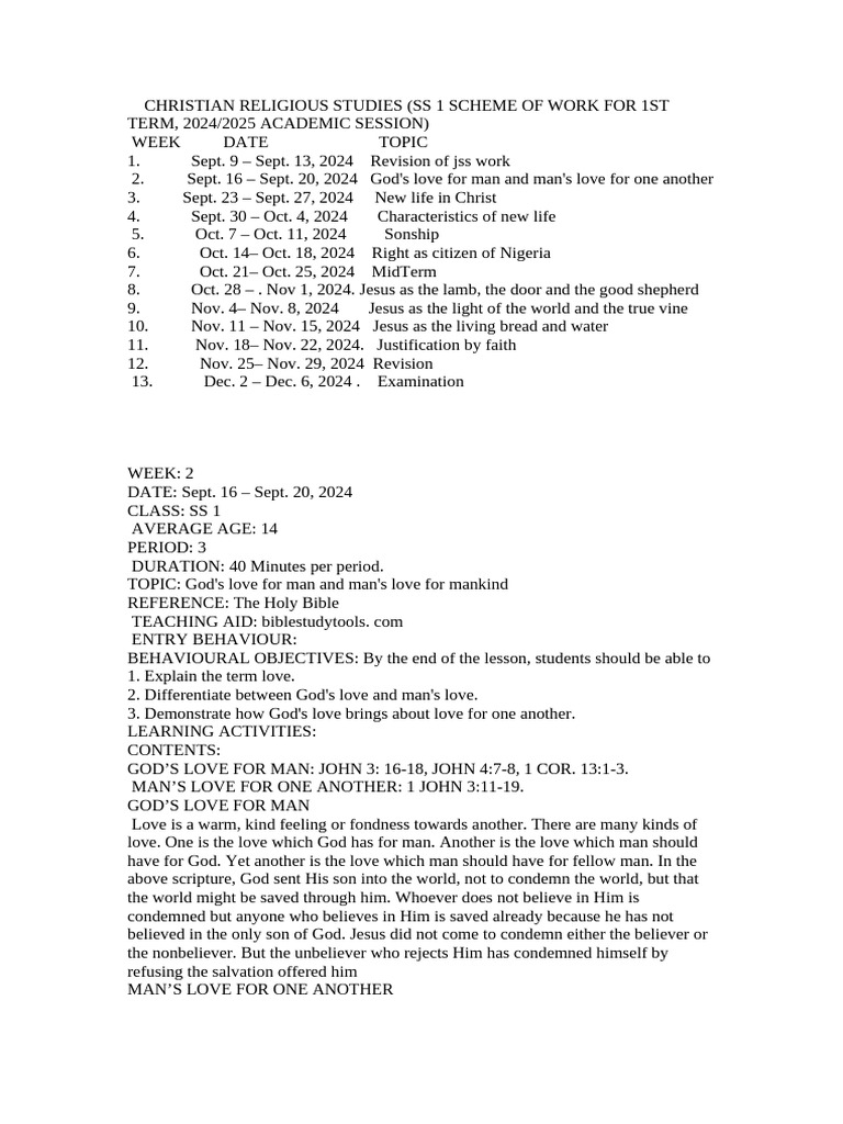 SS1 Christian Studies Term 1 Plan | PDF | Justification (Theology) | Jesus