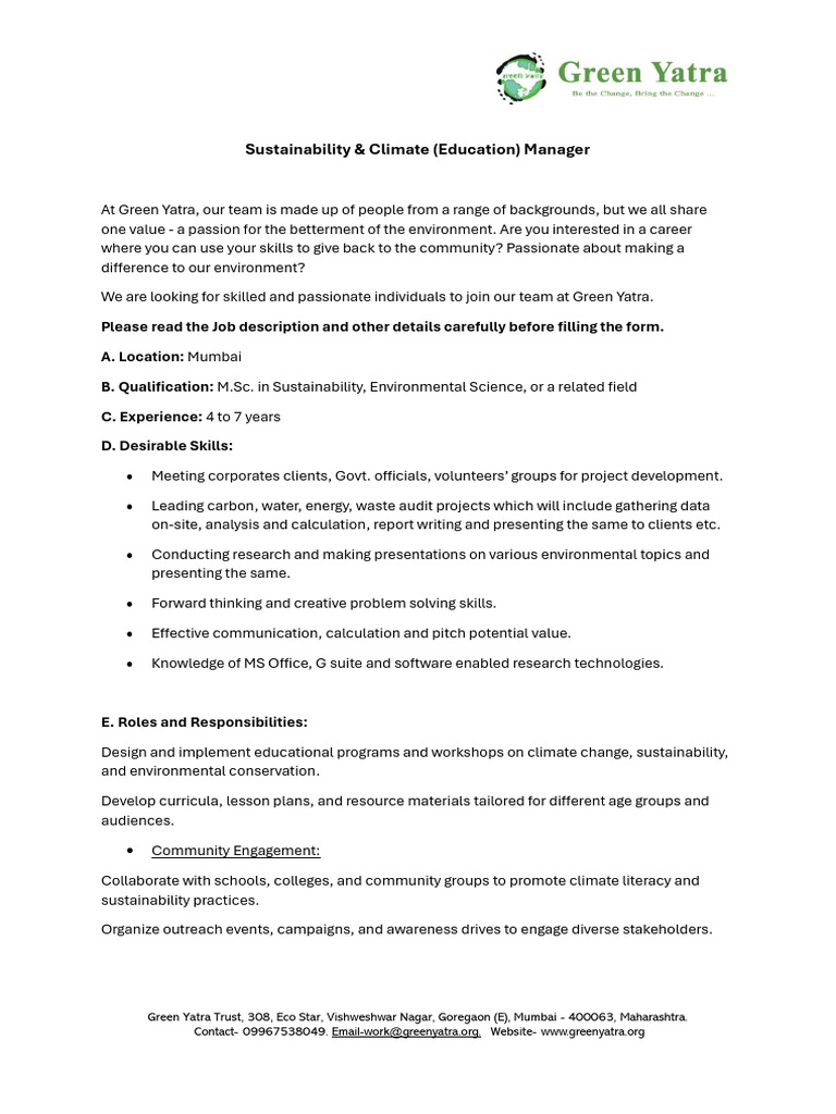 Sustainability Manager Job at Green Yatra | PDF | Sustainability ...