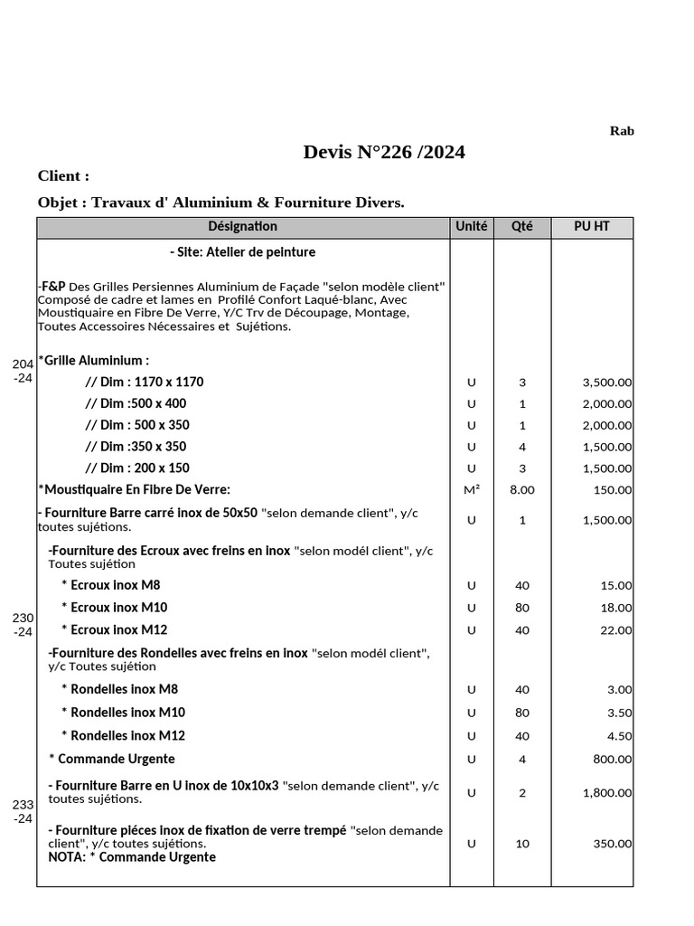 Devis Travaux Aluminium et Inox 2024 | PDF | Génie du bâtiment | Matériaux