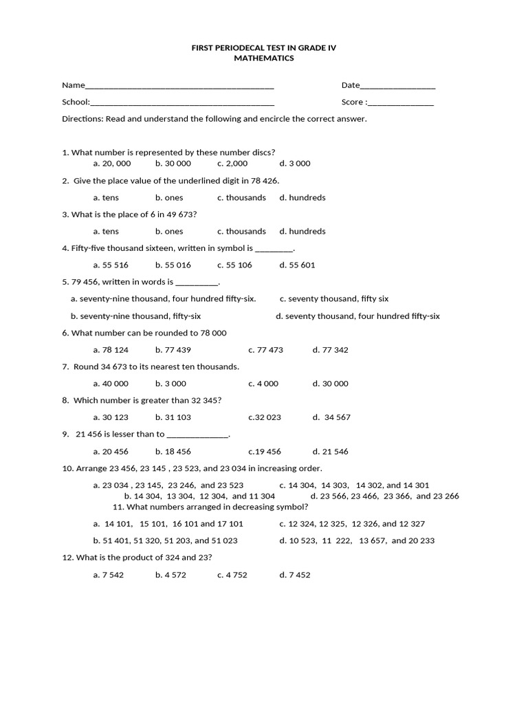 Grade 4 Periodical Math Exam | PDF | Mathematics