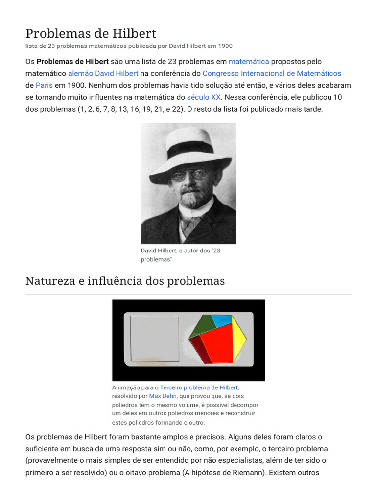Problemas de Hilbert: Influência e Soluções | PDF | Matemática ...