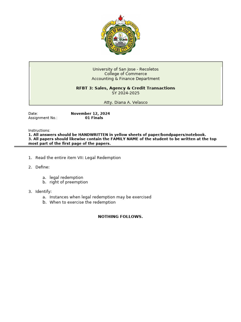 Legal Redemption Assignment Guidelines | PDF