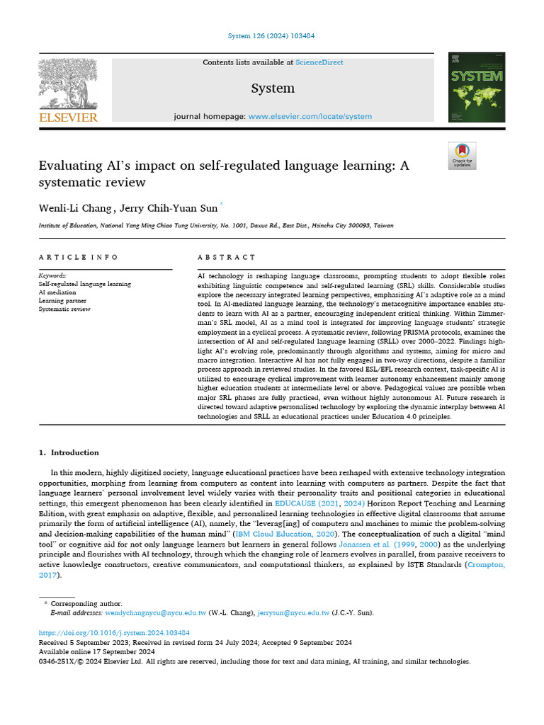 AI in Self-Regulated Language Learning | PDF | Learning | Artificial ...