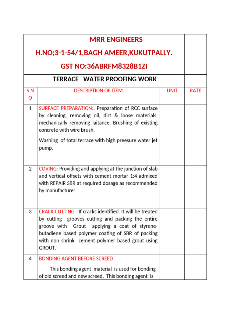 Terrace Waterproofing Quoation | PDF