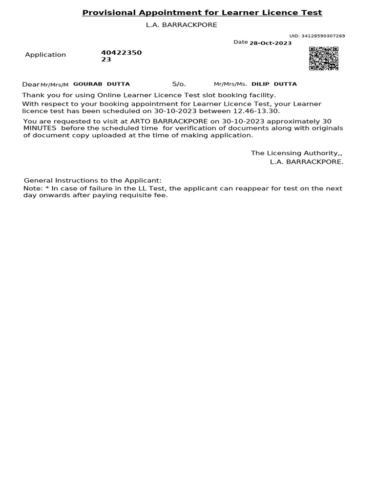 Provisional Appointment For Learner Licence Test | PDF