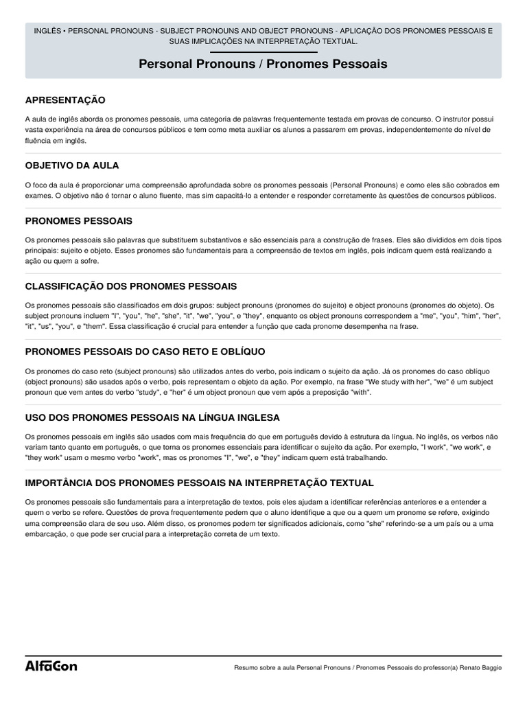 Pronomes Pessoais em Inglês para Concursos | PDF | Assunto (gramática ...