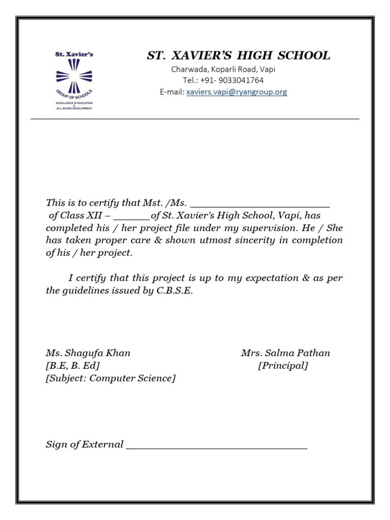 Certificate of Project Completion - Class XII | PDF