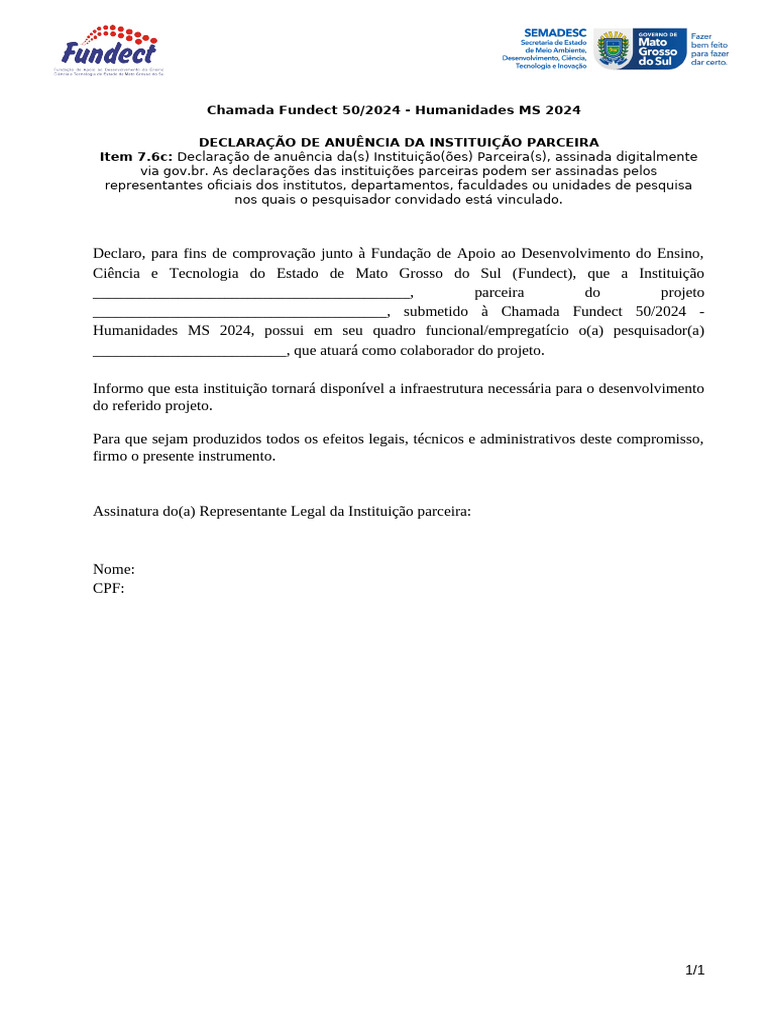 Declaração de Anuência - Fundect 2024 | PDF