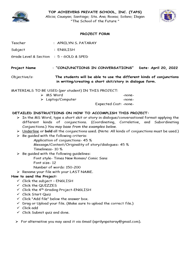 Conjunctions Project for Grade 5 Students | PDF