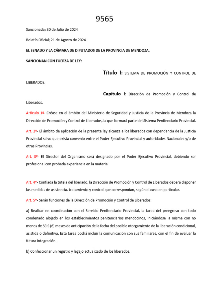 Ley 9565 (2024) Sistema de Promoción y Control de Liberados. | PDF ...