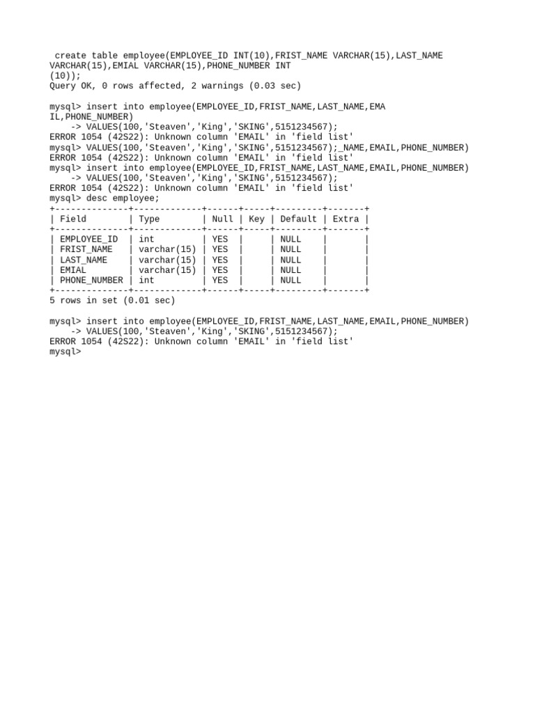 MySQL Employee Table Creation Errors | PDF