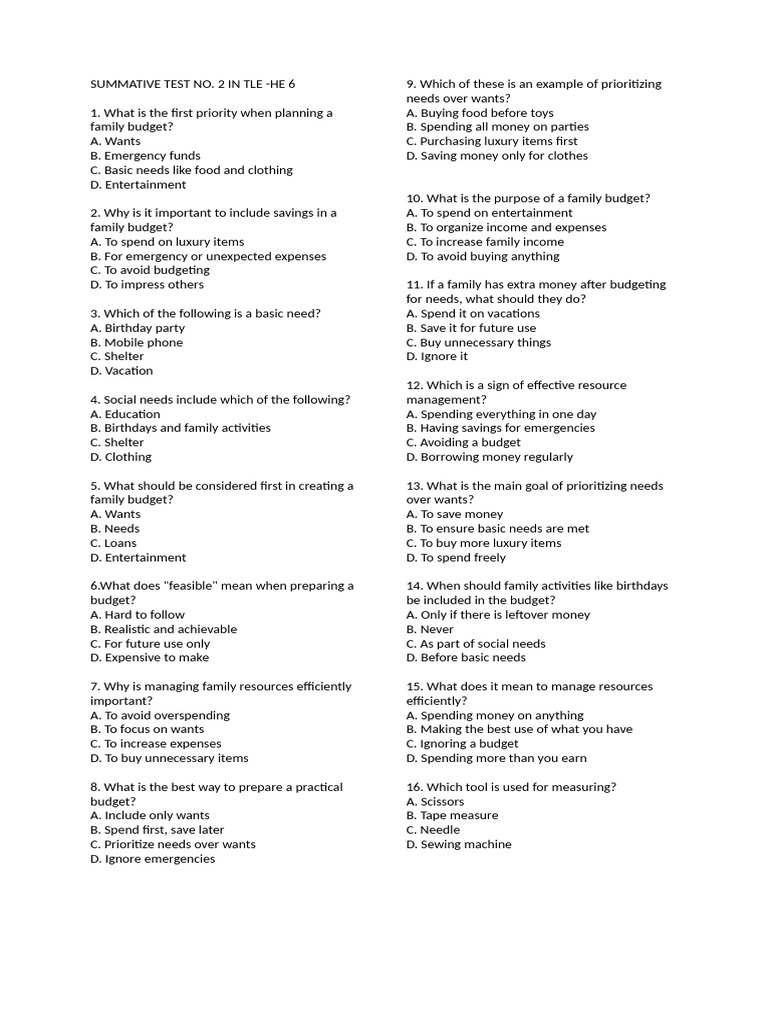 Family Budgeting and Resource Management Test | PDF | Sewing | Expense