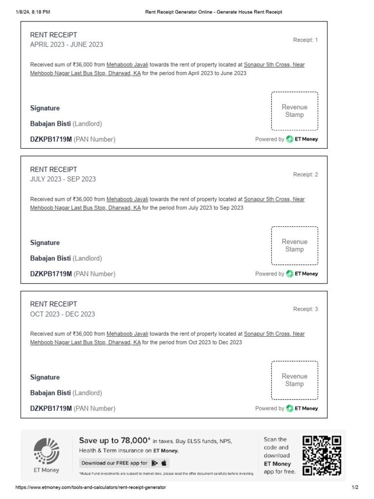 Online Rent Receipt Generator Tool | PDF | Renting | Real Property Law