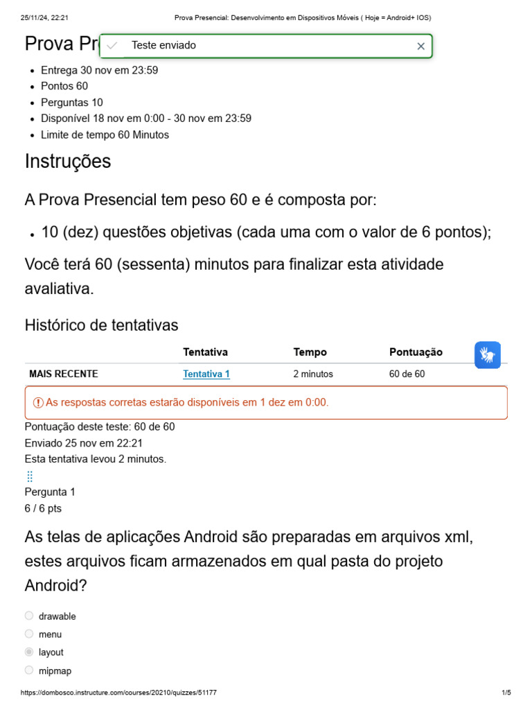 Prova Presencial - Desenvolvimento em Dispositivos Móveis (Hoje ...