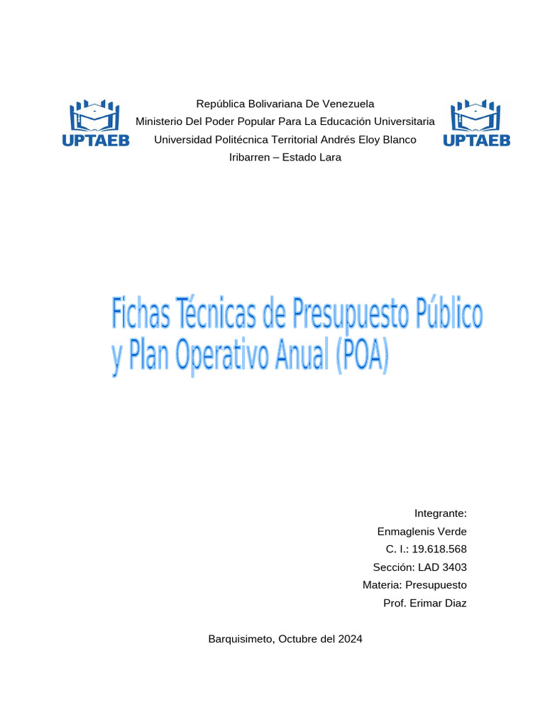 Fichas Técnicas de Presupuesto Público y Plan Operativo Anual (POA ...