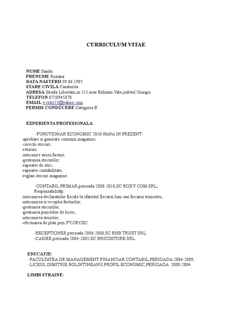 CV Sandu Roxana | PDF