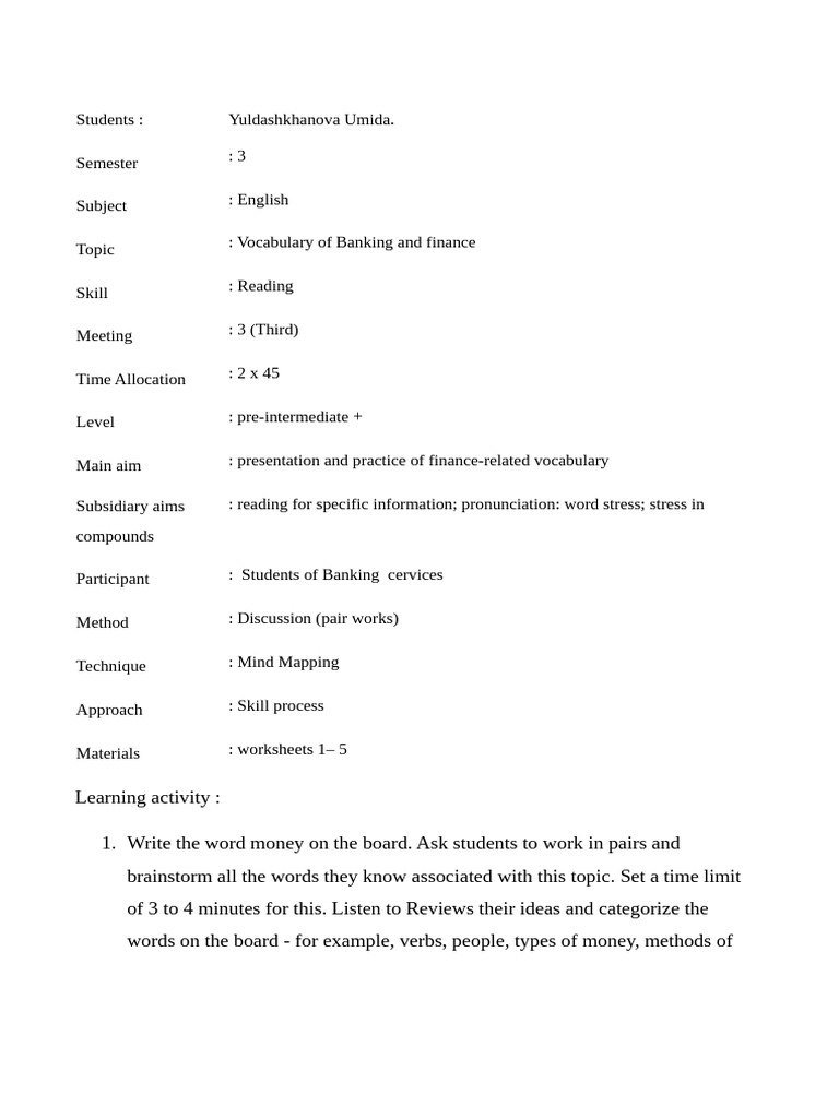 Banking Vocabulary Lesson Plan | PDF | Banks | Interest