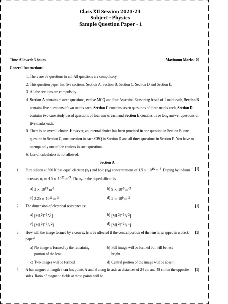 Class XII Physics Sample Question Paper | PDF | Magnetic Field ...
