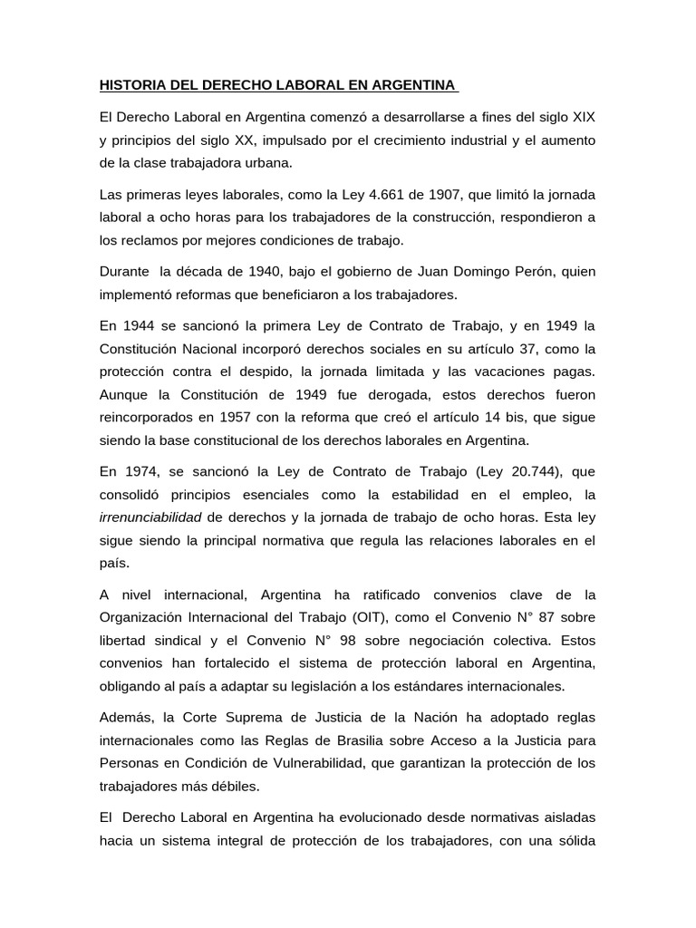 Evolución del Derecho Laboral en Argentina | PDF | Derecho laboral ...