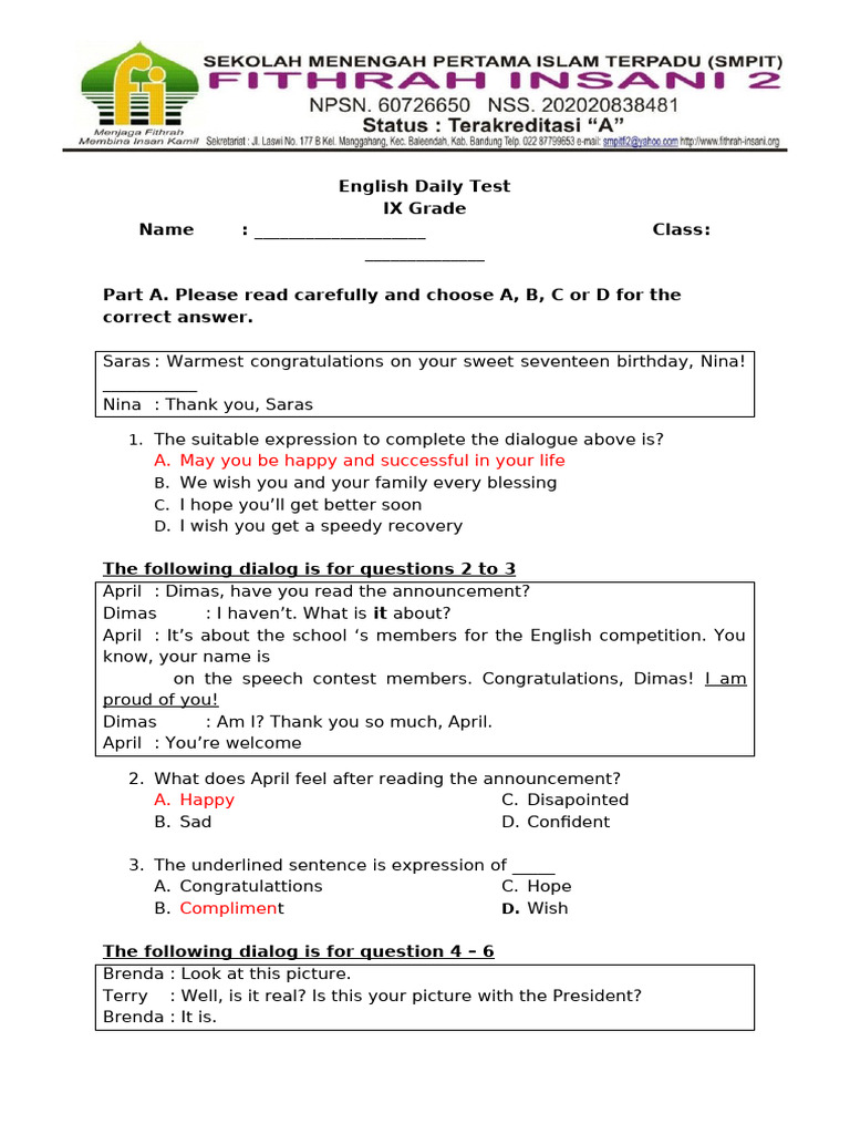 English Daily Test (First) | PDF