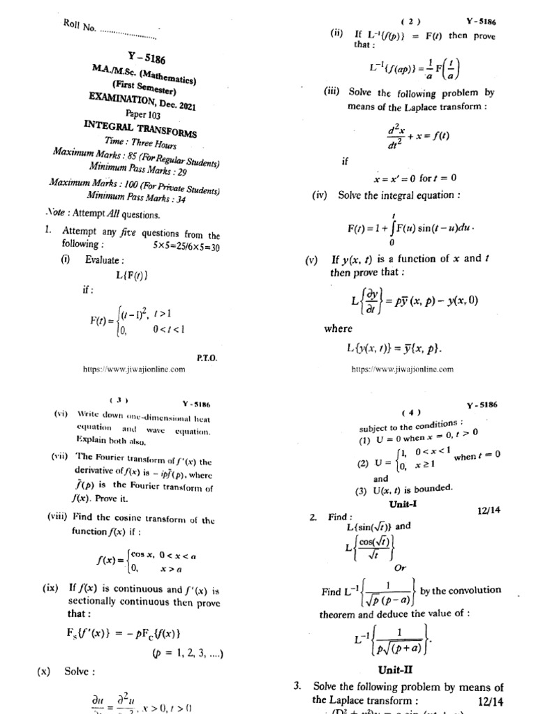 ma-msc-1-sem-mathematics-integral-transforms-y-5186-dec-2021 | PDF