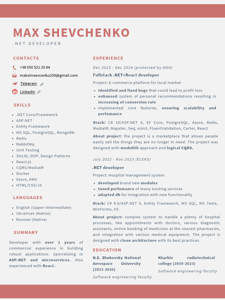 Max Shevchenko: .NET Developer Profile | PDF | Entity Framework ...