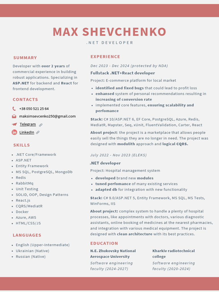 Fullstack .NET & React Developer Profile | PDF | Entity Framework ...