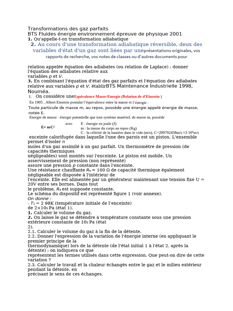 Transformations Adiabatiques des Gaz | PDF | Physique appliquée et ...