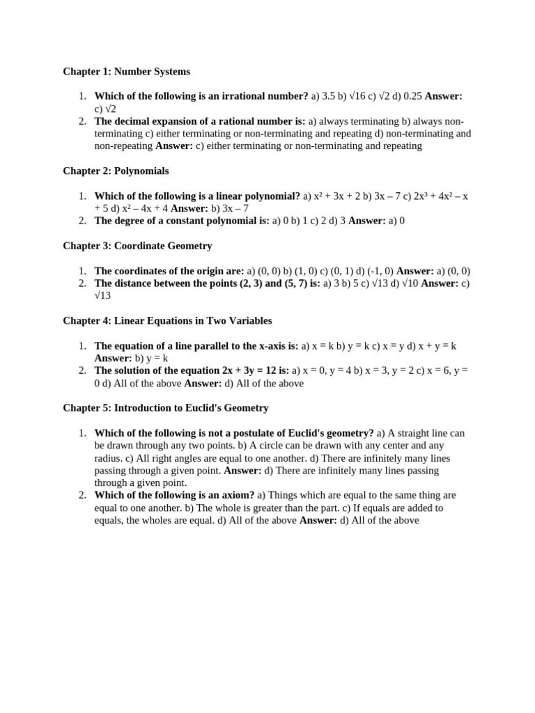 Class 9 Maths Chapter 1 MCQs | PDF