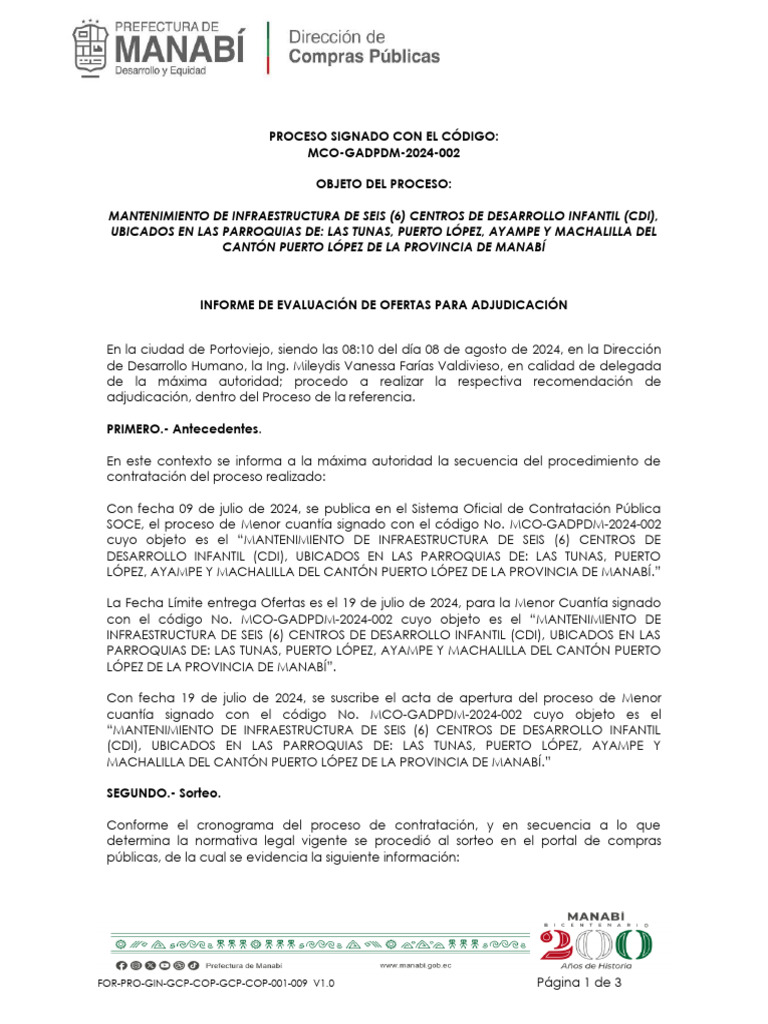 Proceso Signado Con El Código: MCO-GADPDM-2024-002 Objeto Del Proceso | PDF